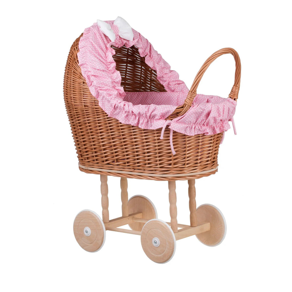 Lulu wicker doll stroller with pink trim, blanket, and pillow – handwoven Polish wicker pram, made in Poland