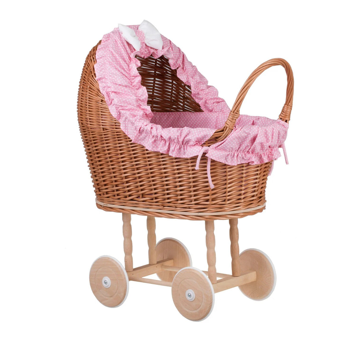 Lulu wicker doll stroller with pink trim, blanket, and pillow – handwoven Polish wicker pram, made in Poland