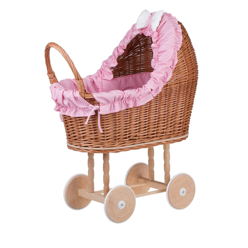 Lulu wicker doll stroller with pink trim, blanket, and pillow – handwoven Polish wicker pram, made in Poland