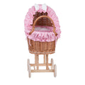 Lulu wicker doll stroller with pink trim, blanket, and pillow – handwoven Polish wicker pram, made in Poland