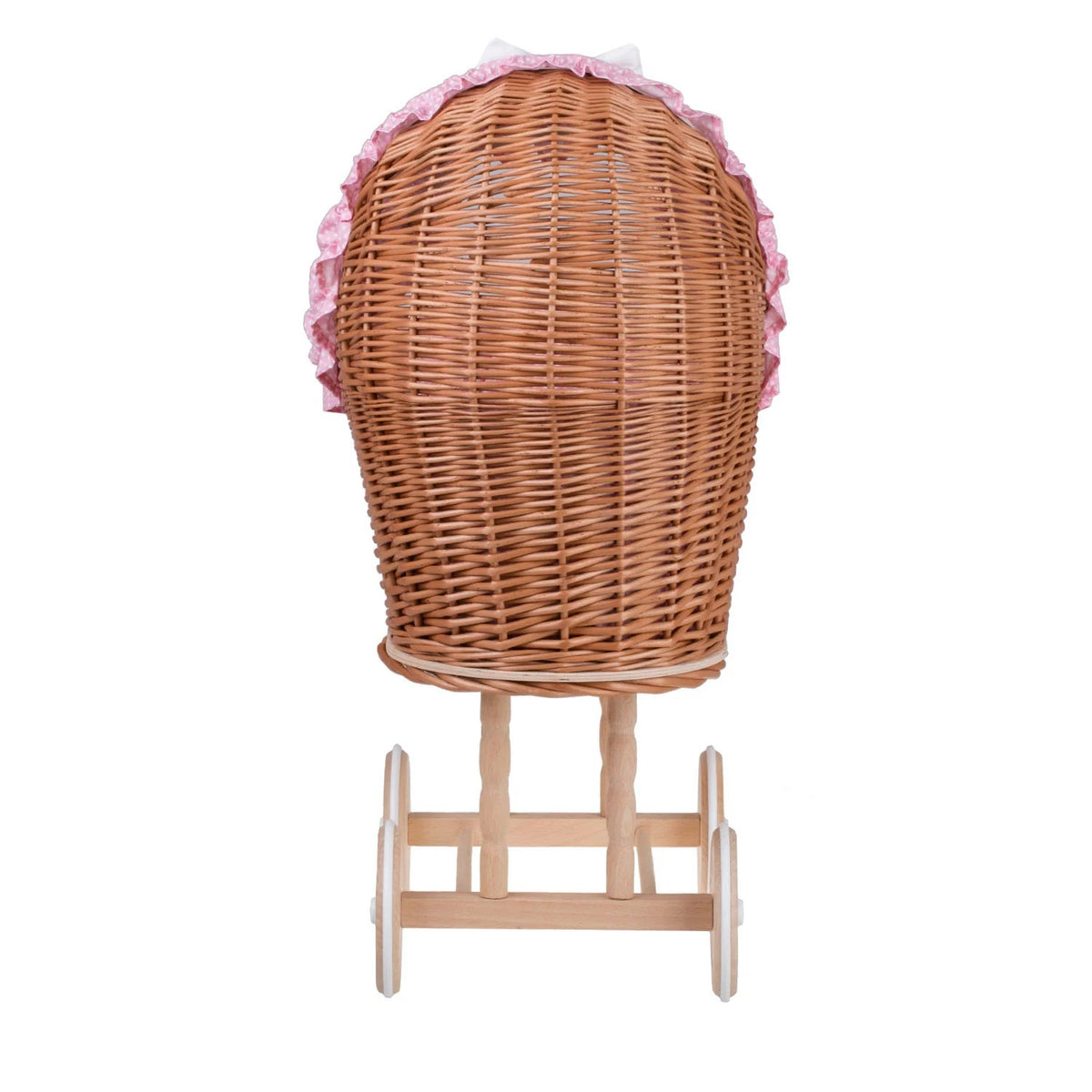 Lulu wicker doll stroller with pink trim, blanket, and pillow – handwoven Polish wicker pram, made in Poland