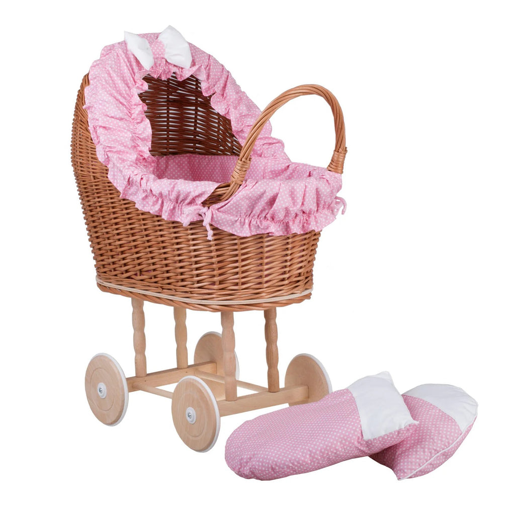 Lulu wicker doll stroller with pink trim, blanket, and pillow – handwoven Polish wicker pram, made in Poland