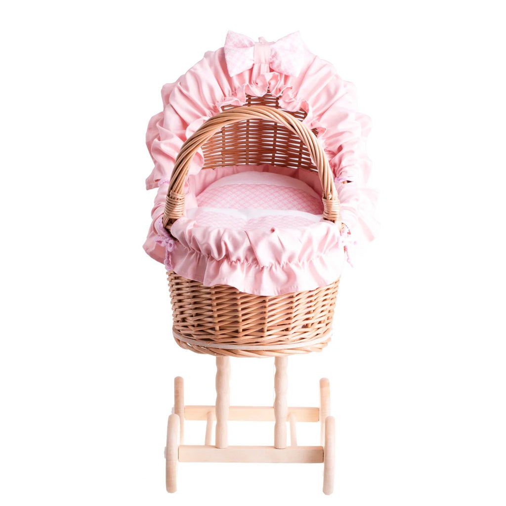 Lulu wicker doll troller with pink trim, blanket, and pillow – handwoven Polish wicker pram, made in Poland