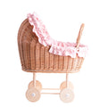 Lulu wicker doll troller with pink trim, blanket, and pillow – handwoven Polish wicker pram, made in Poland