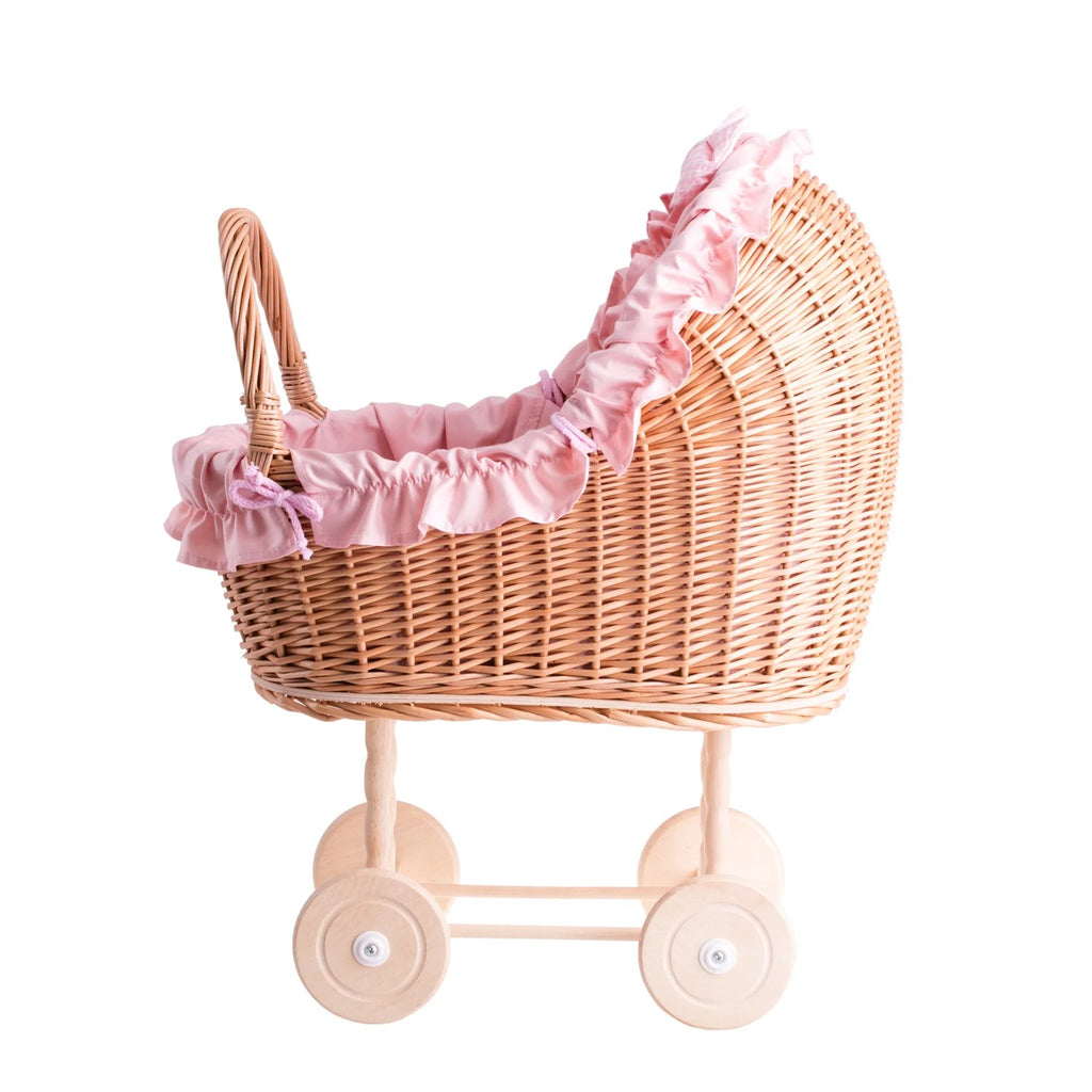 Lulu wicker doll troller with pink trim, blanket, and pillow – handwoven Polish wicker pram, made in Poland