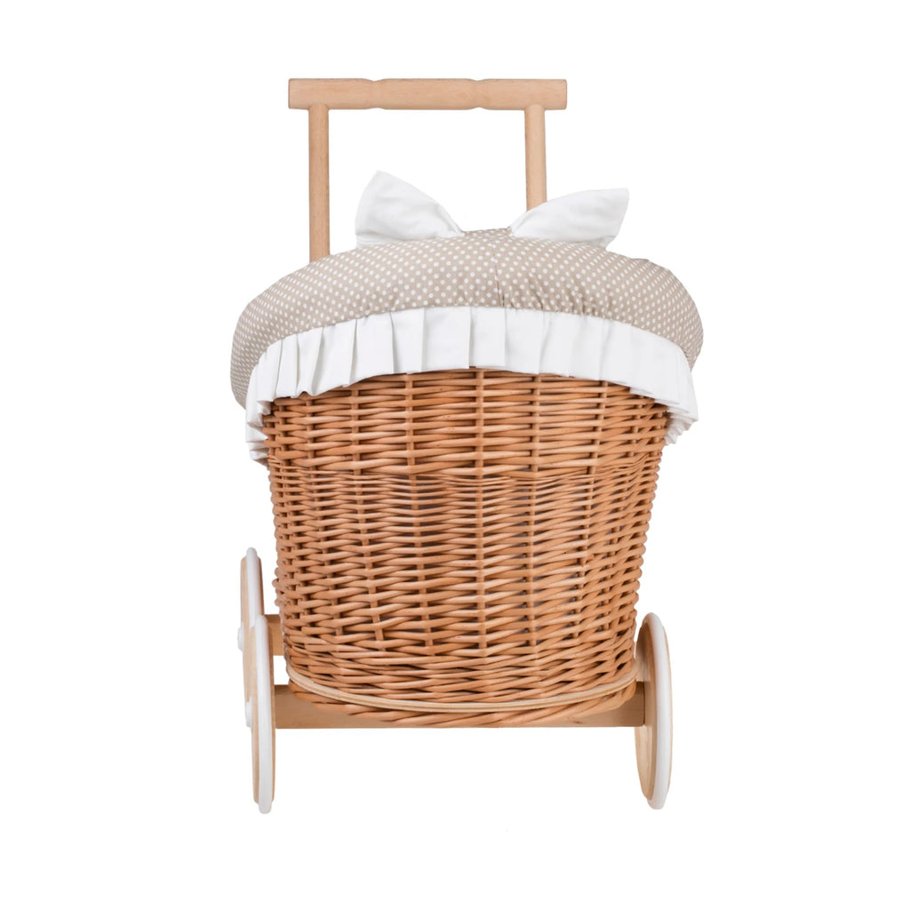 Wicker Doll Stroller Luna – Beige Trim – handwoven Polish wicker pram with padded quilted insert, made in Poland