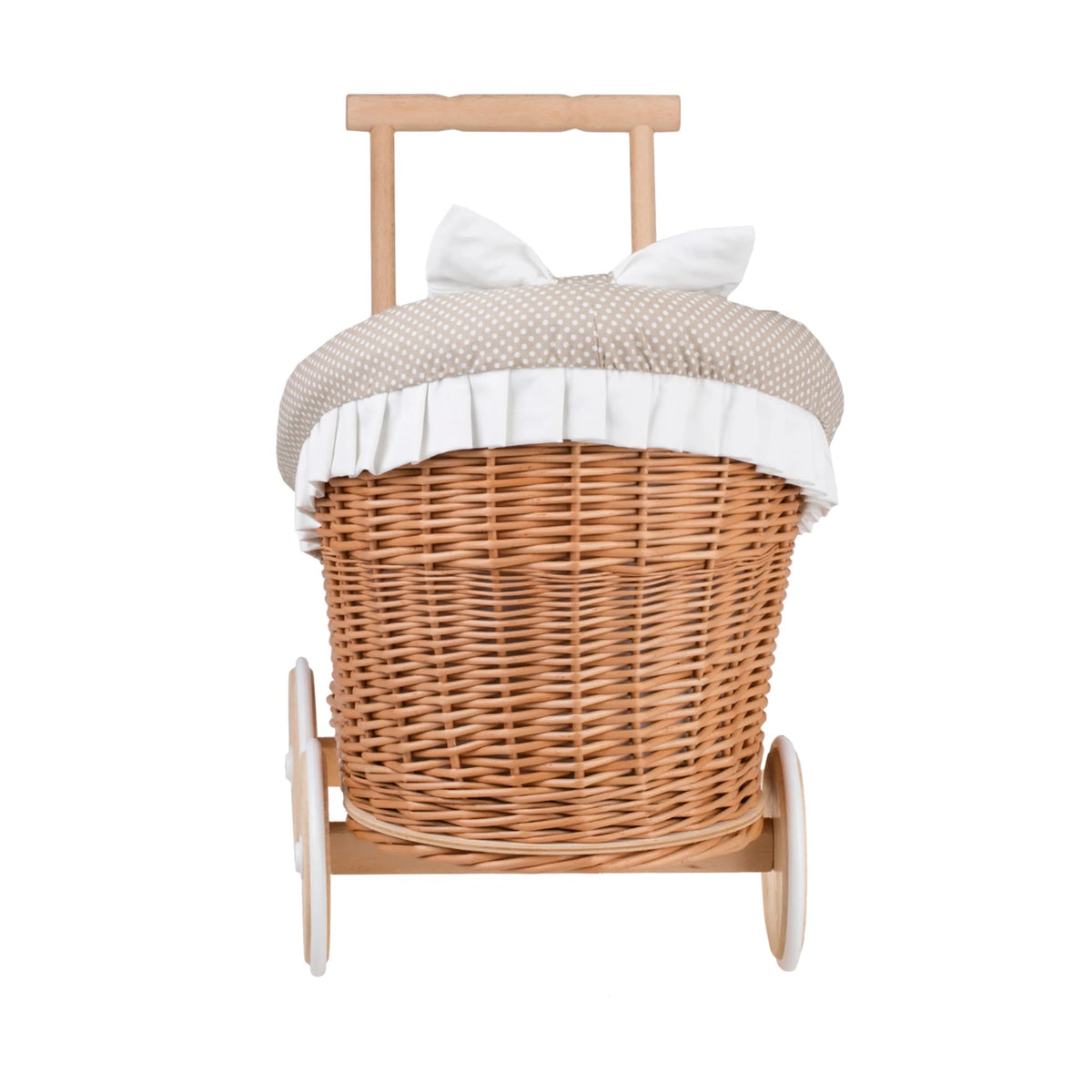 Wicker Doll Stroller Luna – Beige Trim – handwoven Polish wicker pram with padded quilted insert, made in Poland