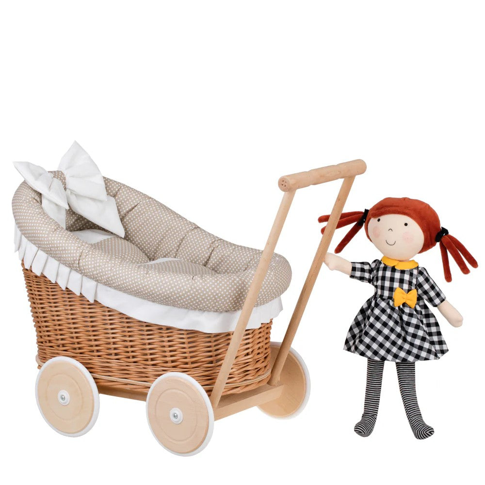 Wicker Doll Stroller Luna – Beige Trim – handwoven Polish wicker pram with padded quilted insert, made in Poland