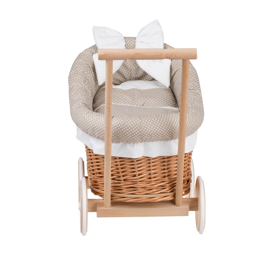 Wicker Doll Stroller Luna – Beige Trim – handwoven Polish wicker pram with padded quilted insert, made in Poland