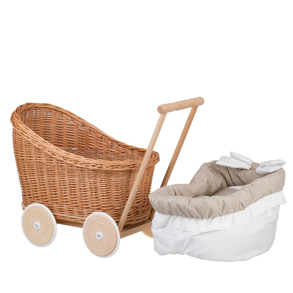 Wicker Doll Stroller Luna – Beige Trim – handwoven Polish wicker pram with padded quilted insert, made in Poland