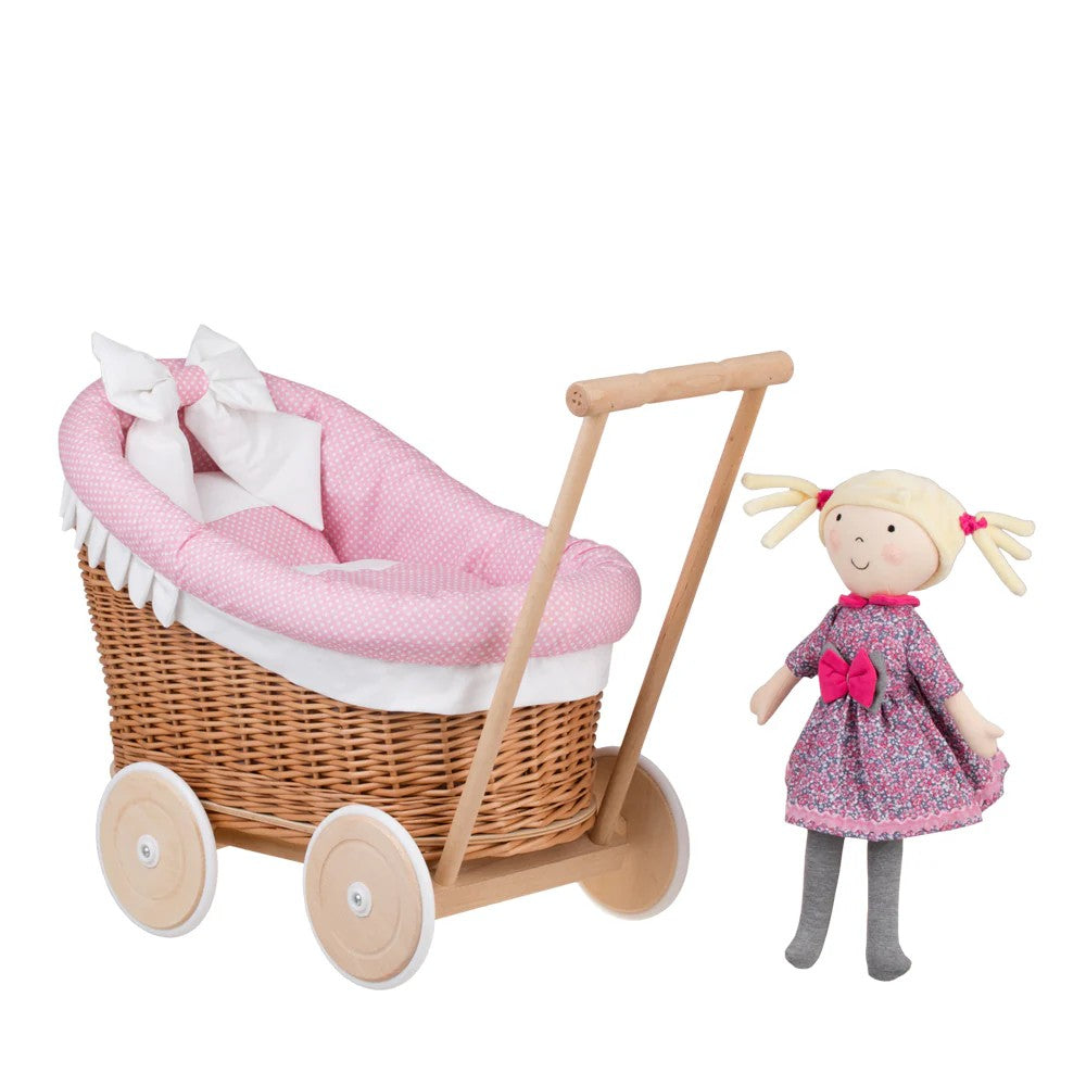 Wicker Doll Stroller Luna – Pink Trim – handwoven Polish wicker pram with padded quilted insert, made in Poland