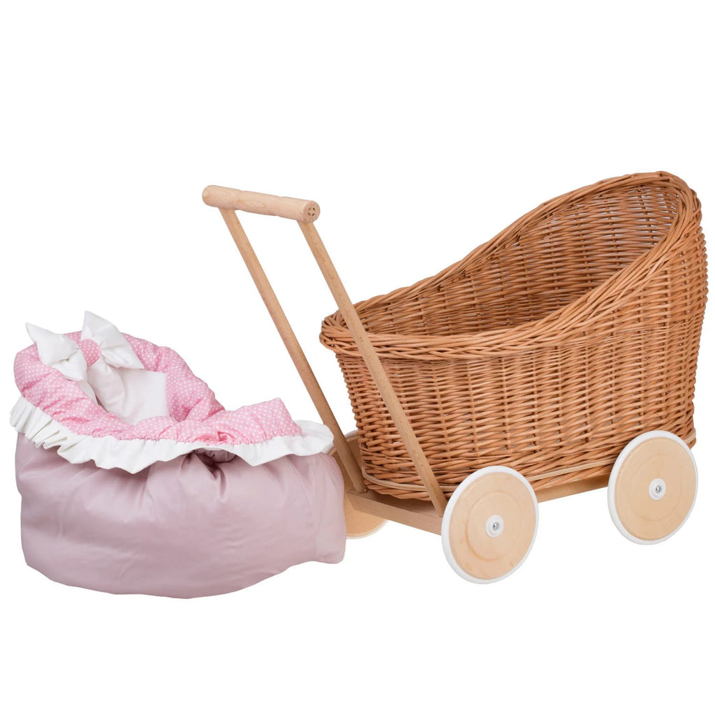 Wicker Doll Stroller Luna – Pink Trim – handwoven Polish wicker pram with padded quilted insert, made in Poland