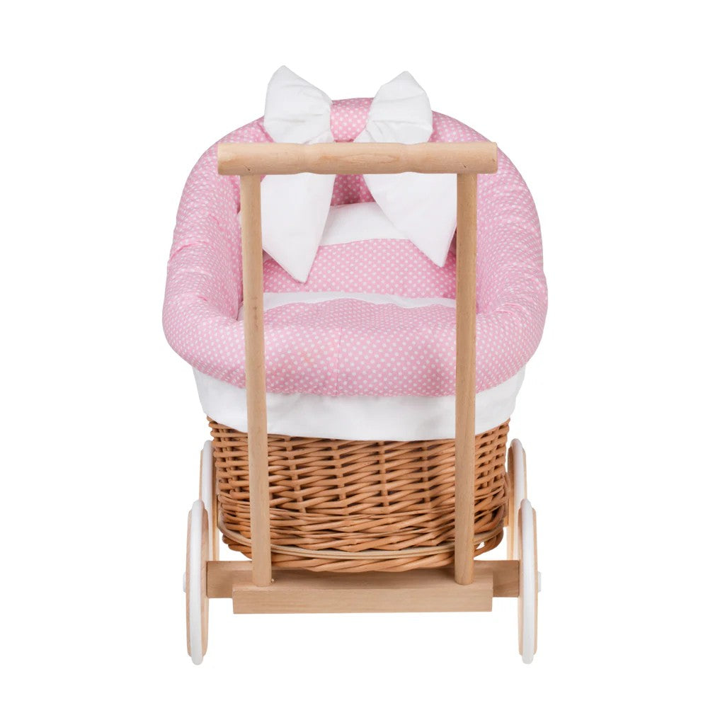 Wicker Doll Stroller Luna – Pink Trim – handwoven Polish wicker pram with padded quilted insert, made in Poland