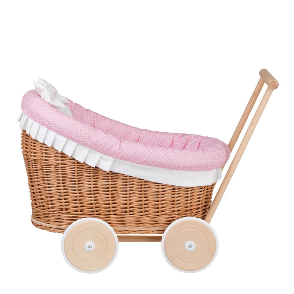 Wicker Doll Stroller Luna – Pink Trim – handwoven Polish wicker pram with padded quilted insert, made in Poland