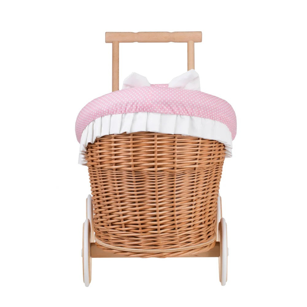 Wicker Doll Stroller Luna – Pink Trim – handwoven Polish wicker pram with padded quilted insert, made in Poland