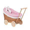 Wicker Doll Stroller Luna – Pink Trim – handwoven Polish wicker pram with padded quilted insert, made in Poland