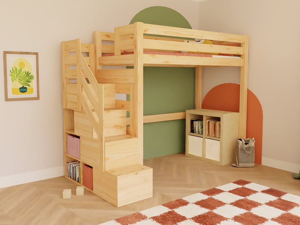 MAKALU Wooden Loft Bed with Storage Stairs – 90 × 200 cm