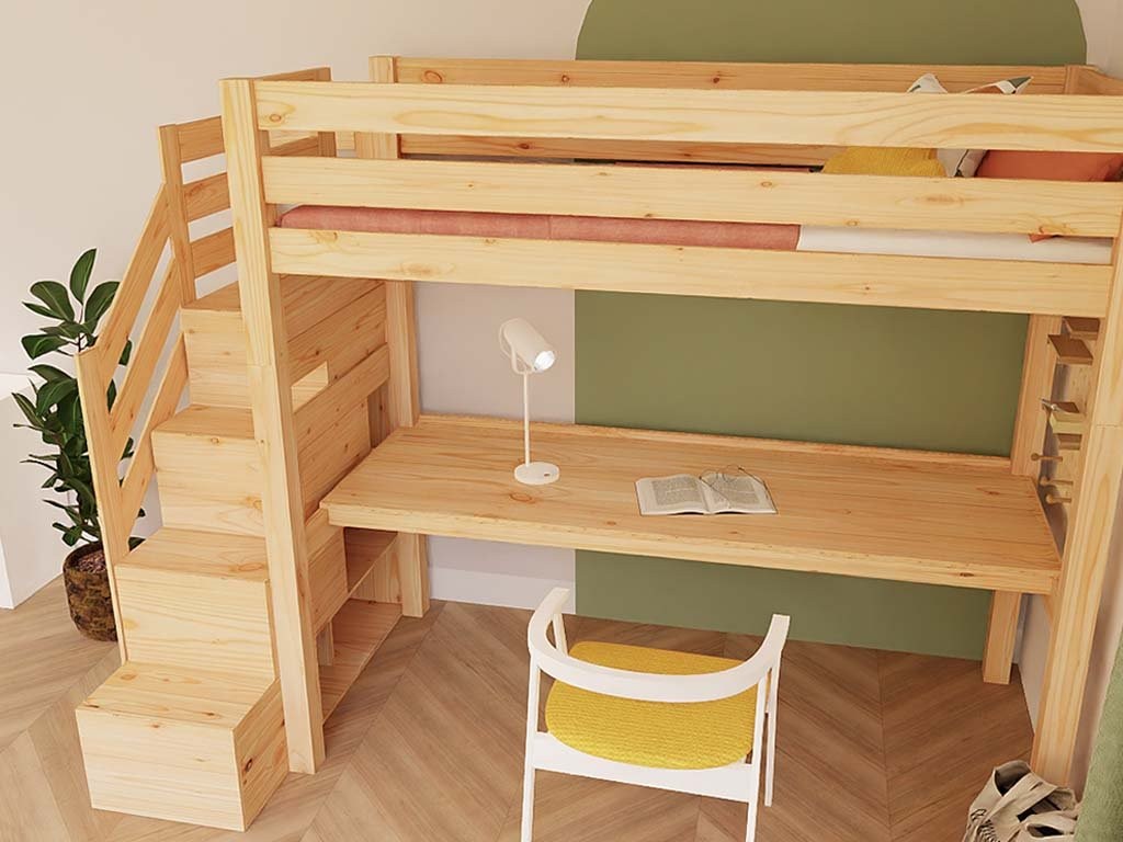 MAKALU Wooden Loft Bed with Storage Stairs and Desk – 90 × 200 cm