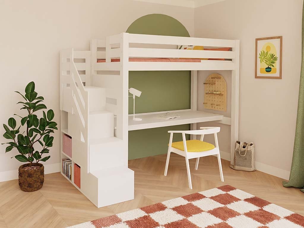 MAKALU Wooden Loft Bed with Storage Stairs and Desk – 90 × 200 cm