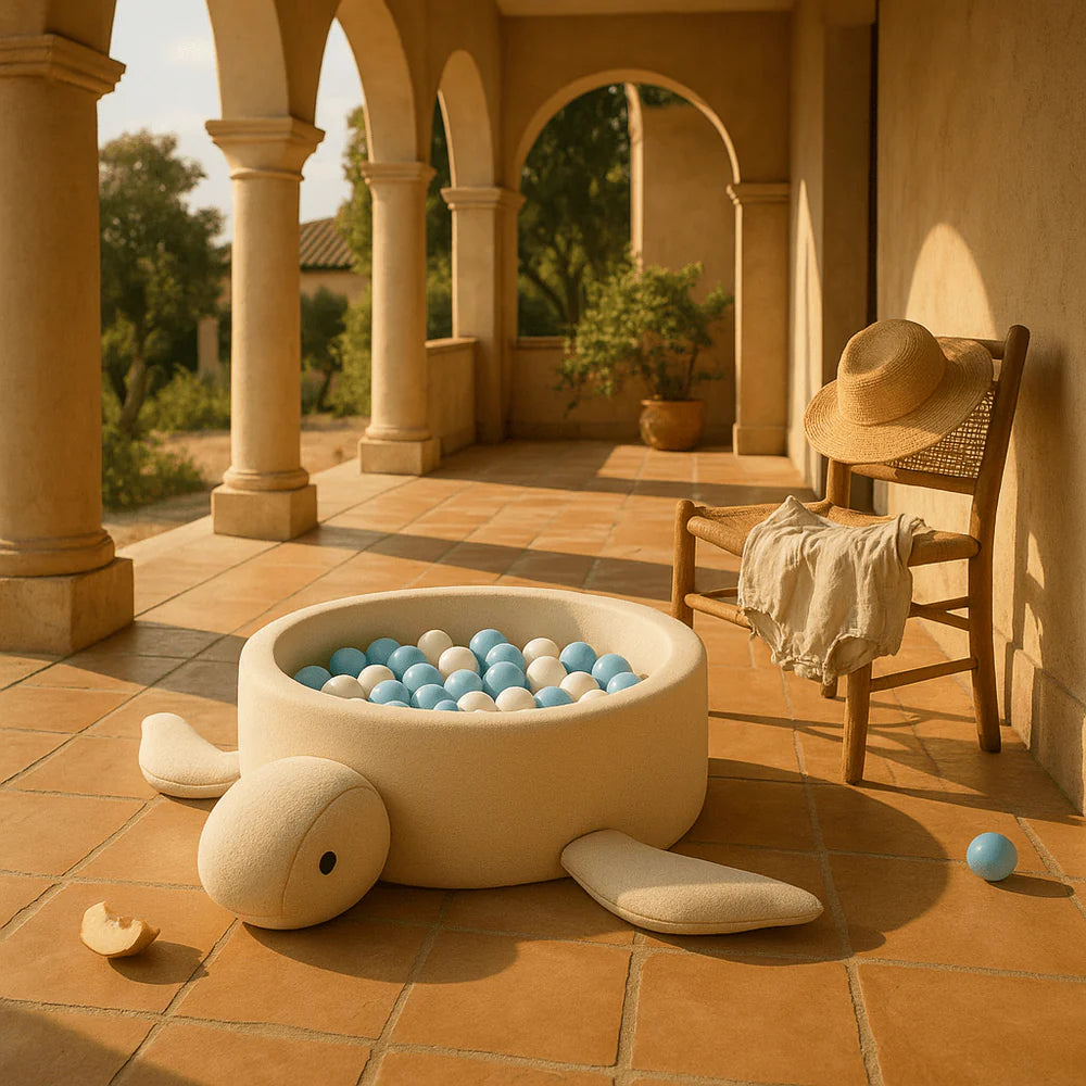 Turtle Bouclé Foam Ball Pit (Beige) – Safe Soft Play Pool for Kids (Without Balls)