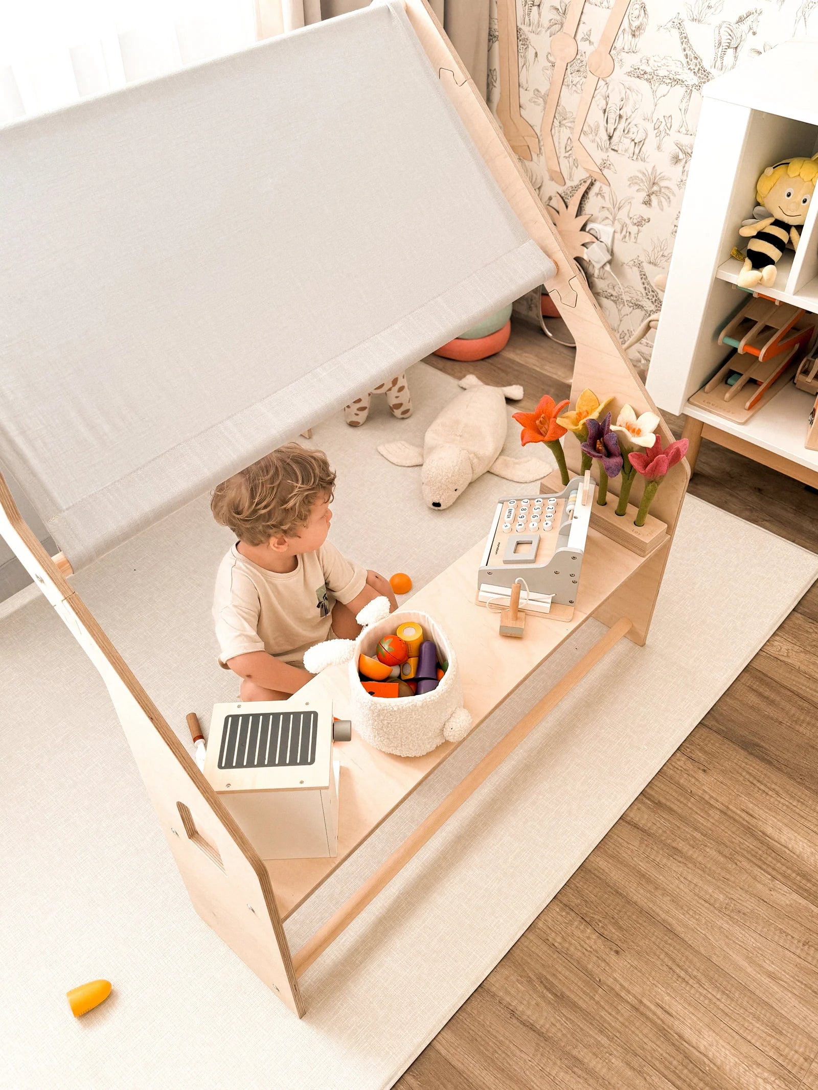 Indoor Wooden Playhouse for Kids (Natural Wood) with Canopy (Pink)