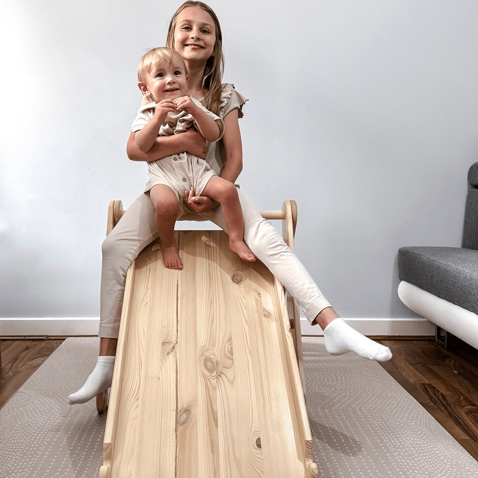 Indoor Wooden Climbing Frame with Slide & Ladder Wall – Montessori 2-in-1 Set (Grey)