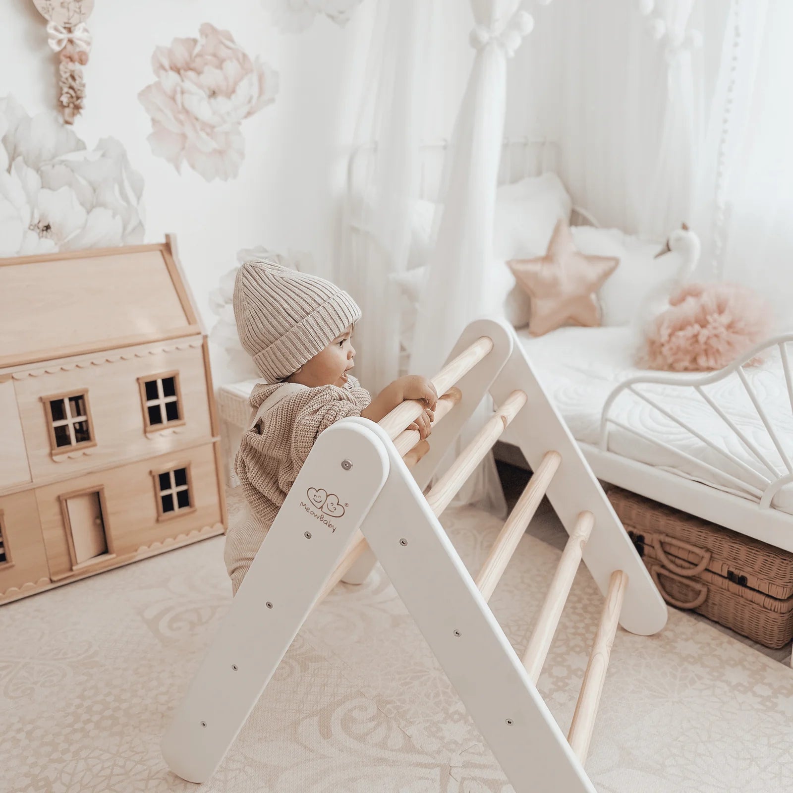 Modular Wooden Climbing Triangle Set for Kids — 3-in-1 Montessori Play Structure (White)