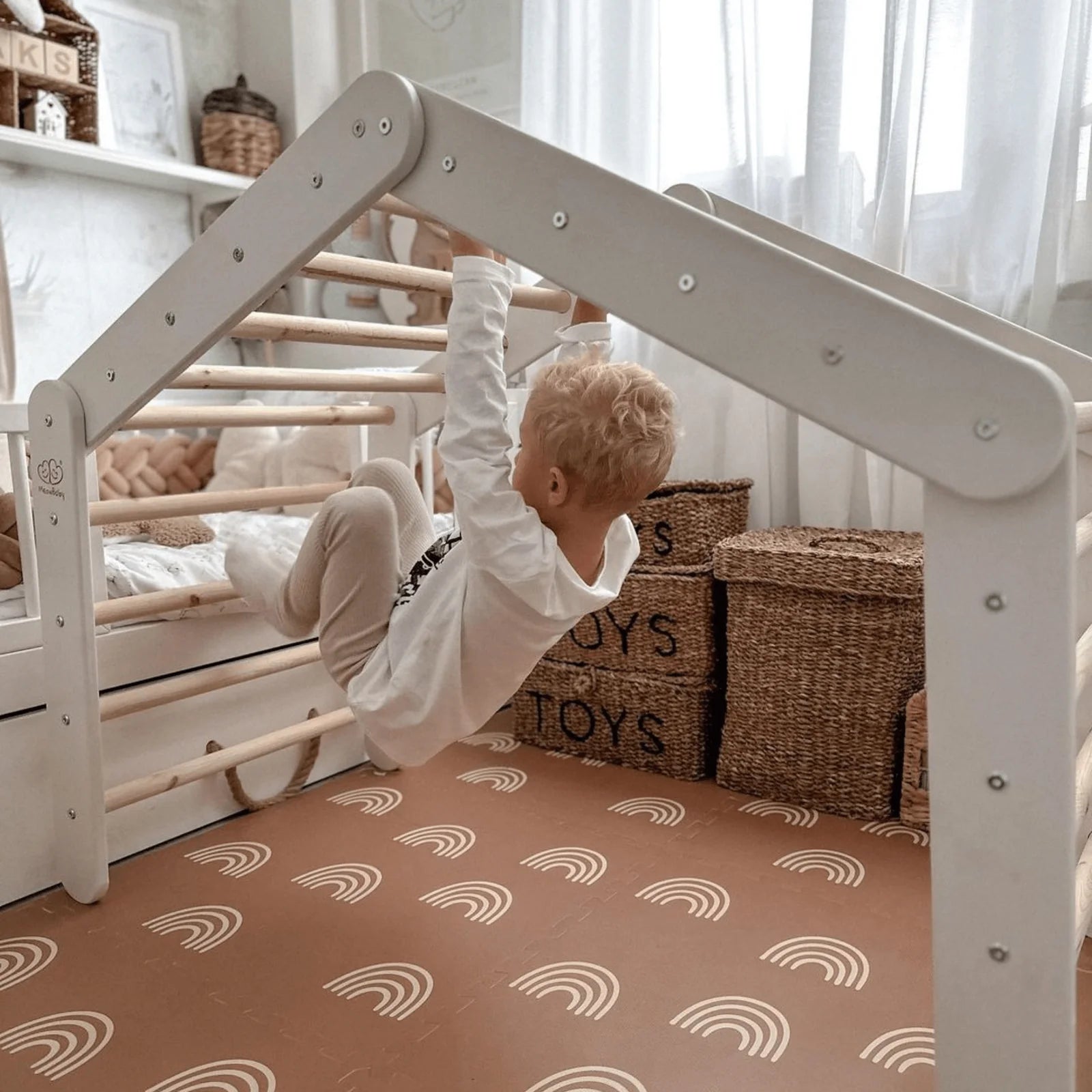 Indoor Large Wooden Montessori Climbing Ladder for Kids – Foldable Birch Plywood Frame (Grey)