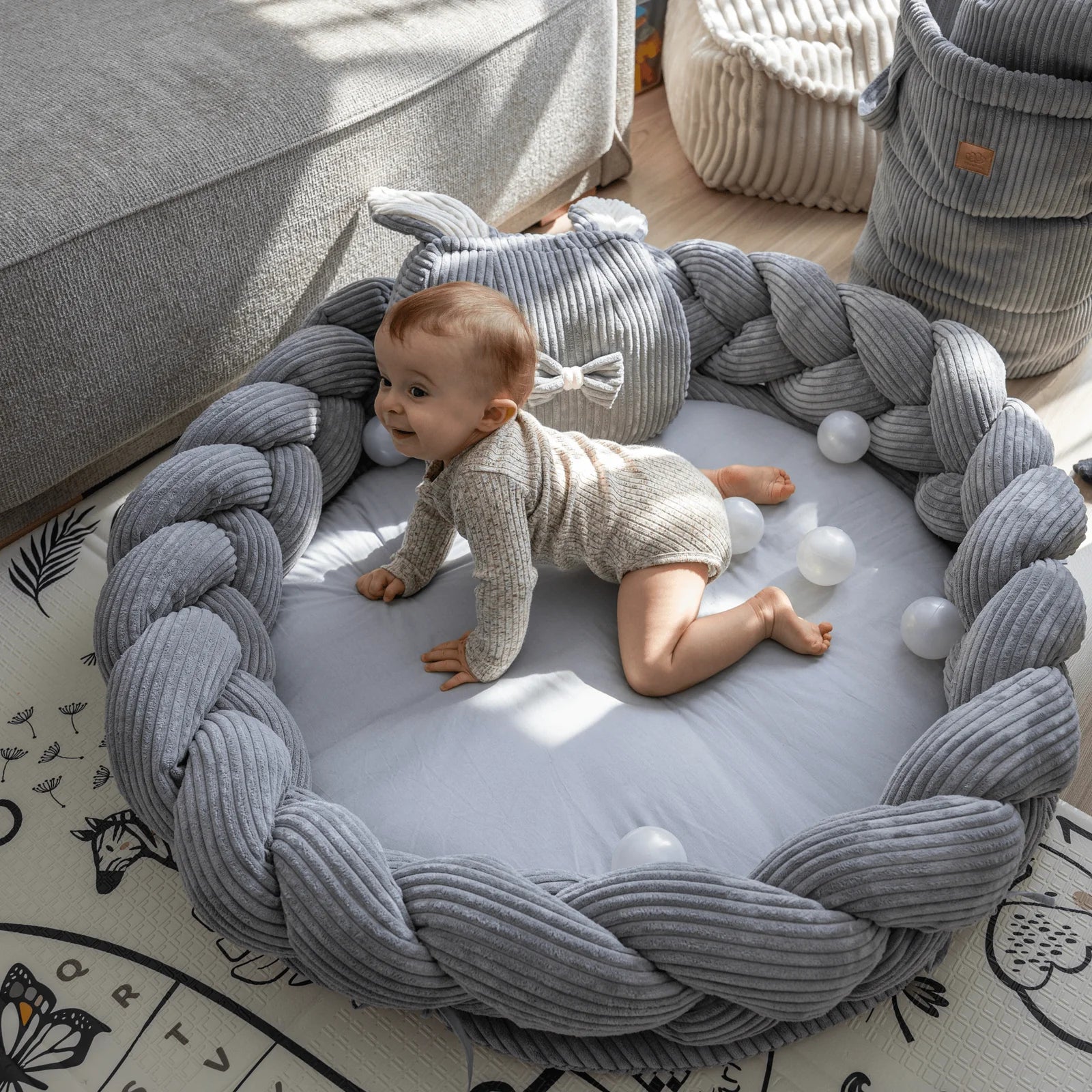 Baby Cocoon with Braided Protective Bumper & Play Mat — Velvet Corduroy (Powder Pink)