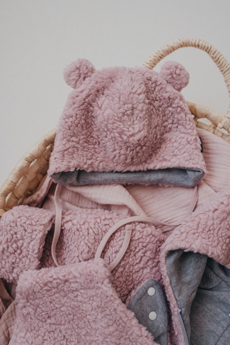Merino-Lined Cotton Teddy Baby Tie Hat (Tessa) - Tiny Tugz™