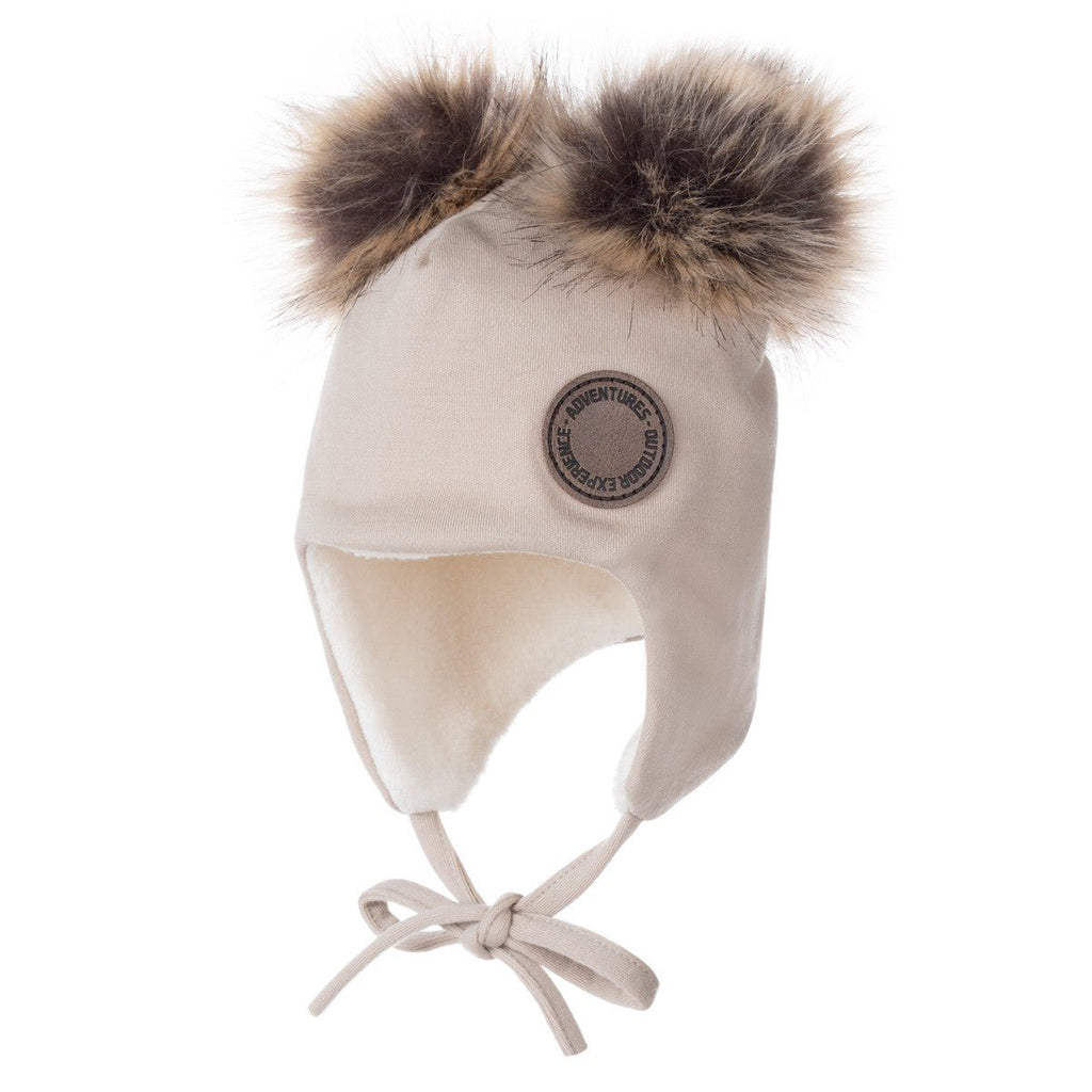 Merino Wool Baby Hat with Faux-Fur Pompoms – Beige - Tiny Tugz™
