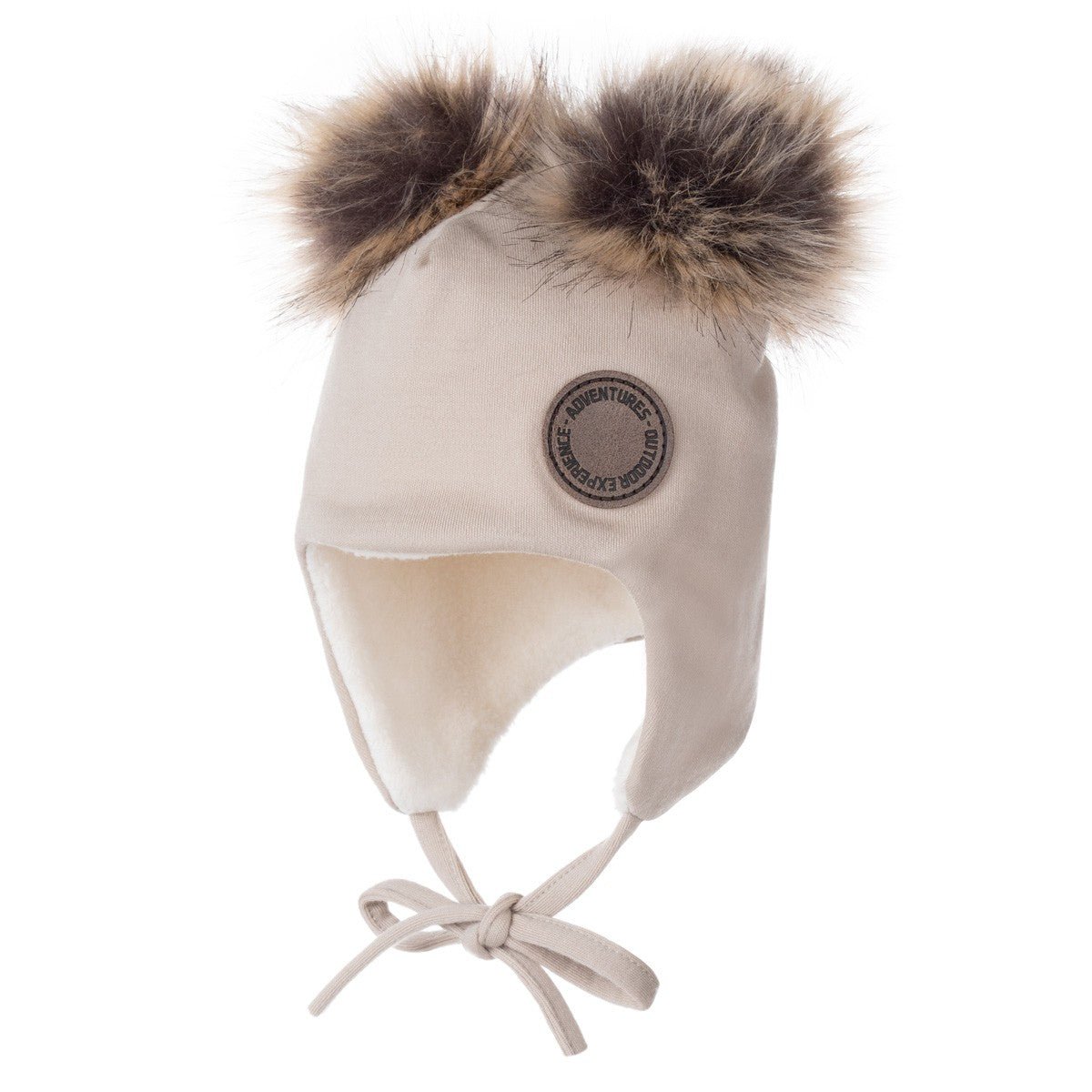 Merino Wool Baby Hat with Faux-Fur Pompoms – Beige - Tiny Tugz™