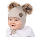 Merino Wool Baby Hat with Faux-Fur Pompoms – Beige - Tiny Tugz™