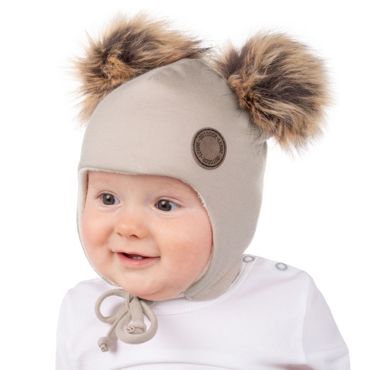 Merino Wool Baby Hat with Faux-Fur Pompoms – Beige - Tiny Tugz™