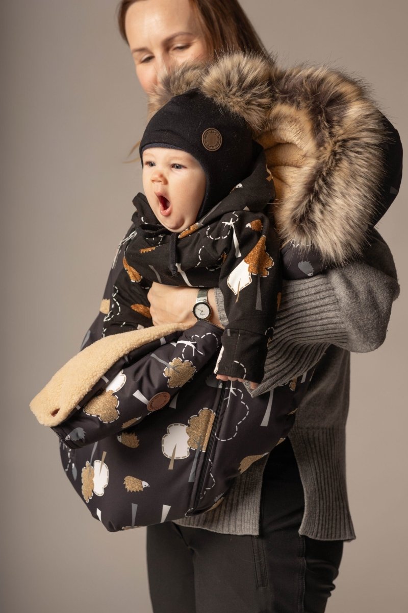 Merino Wool Baby Hat with Faux-Fur Pompoms – Black - Tiny Tugz™