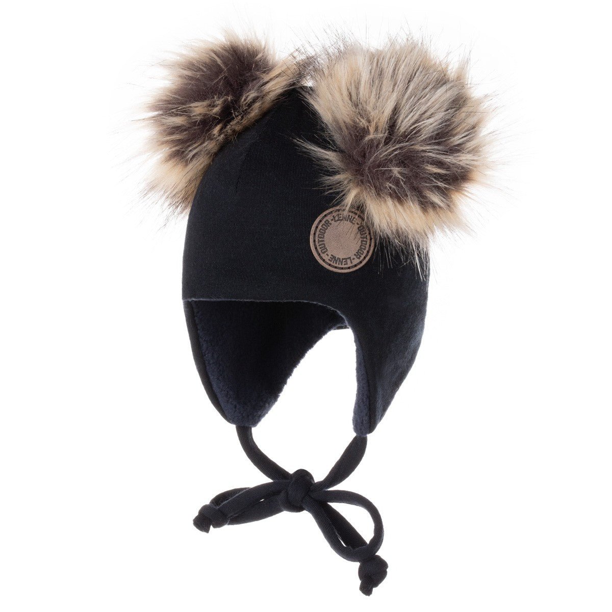 Merino Wool Baby Hat with Faux-Fur Pompoms – Black - Tiny Tugz™
