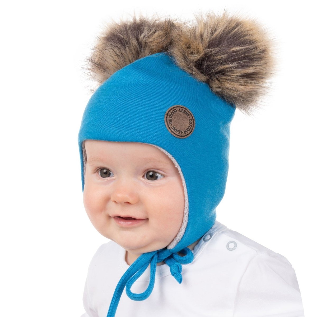Merino Wool Baby Hat with Faux-Fur Pompoms – Bright Blue - Tiny Tugz™