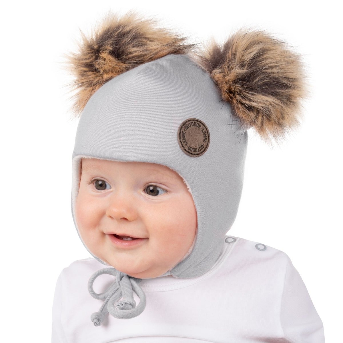 Merino Wool Baby Hat with Faux-Fur Pompoms – Grey - Tiny Tugz™