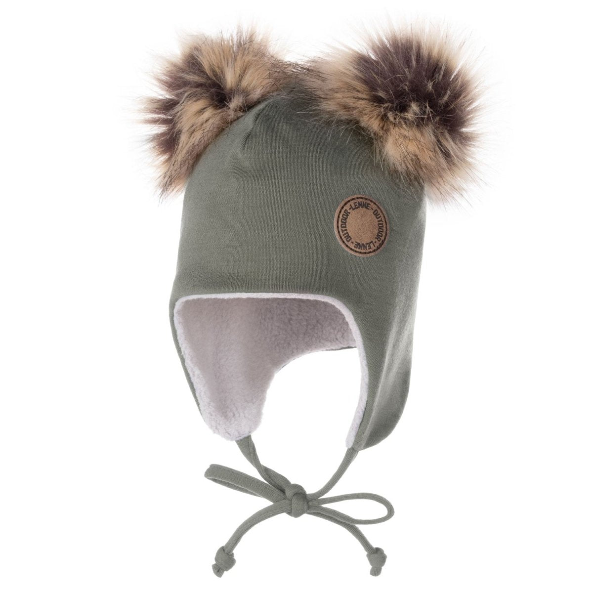 Merino Wool Baby Hat with Faux-Fur Pompoms – Khaki / Green - Tiny Tugz™