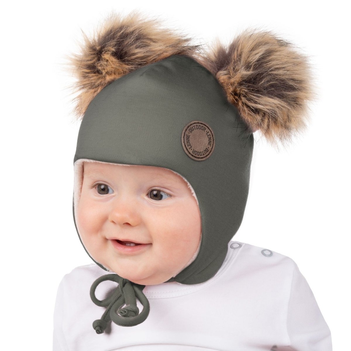 Merino Wool Baby Hat with Faux-Fur Pompoms – Khaki / Green - Tiny Tugz™