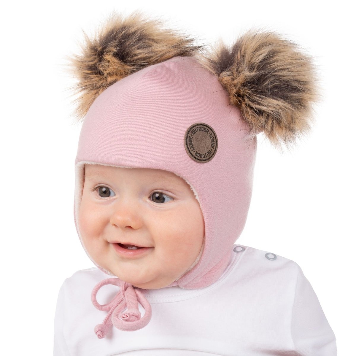 Merino Wool Baby Hat with Faux-Fur Pompoms – Pink - Tiny Tugz™