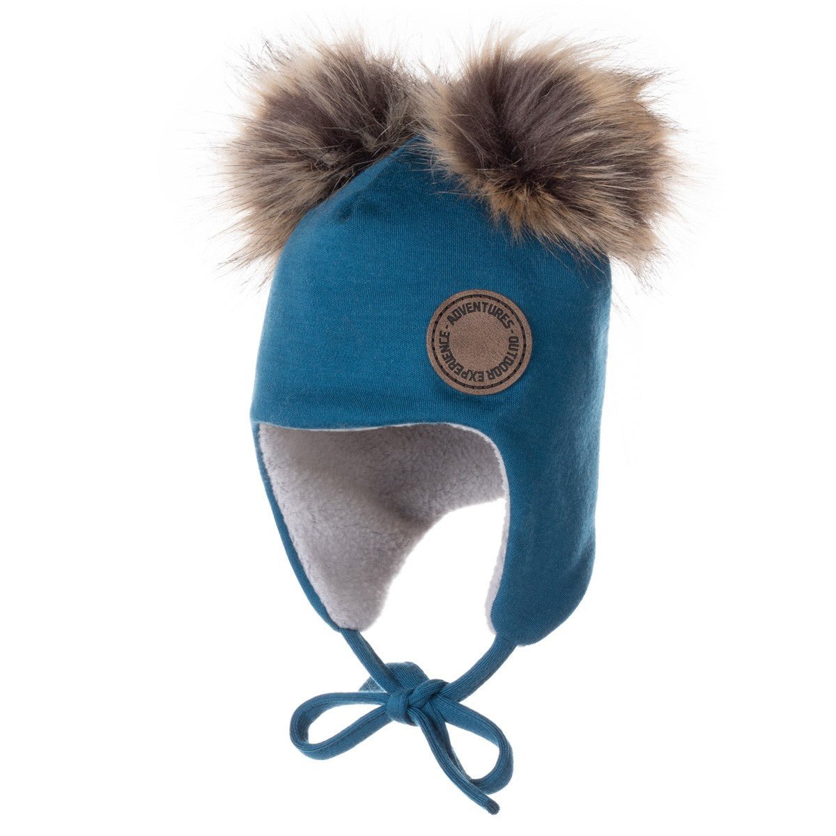 Merino Wool Baby Hat with Faux-Fur Pompoms – Teal Blue - Tiny Tugz™