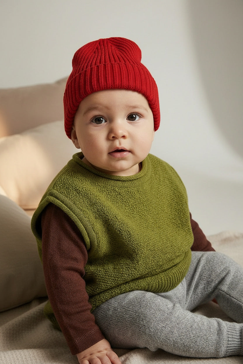 Knitted Merino Wool Baby Hat - Lava