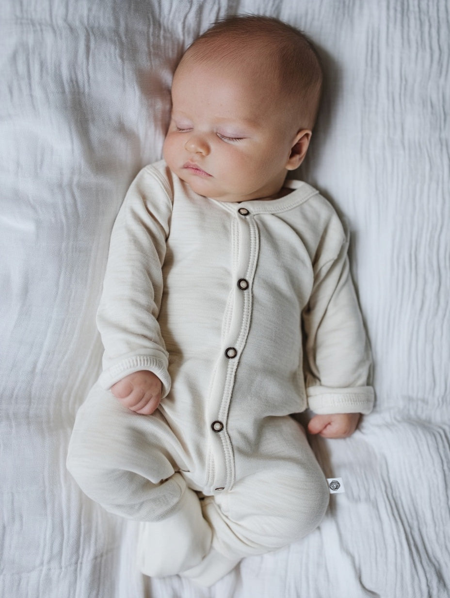 Wool Baby Playsuit - Merino Wool - Natural with fold-over feet