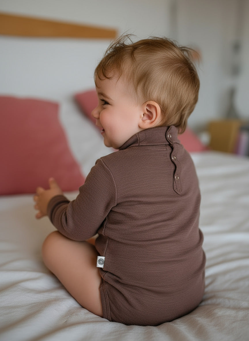 Wool Romper, Long Sleeve, Turtleneck - Merino Wool - Peppercorn