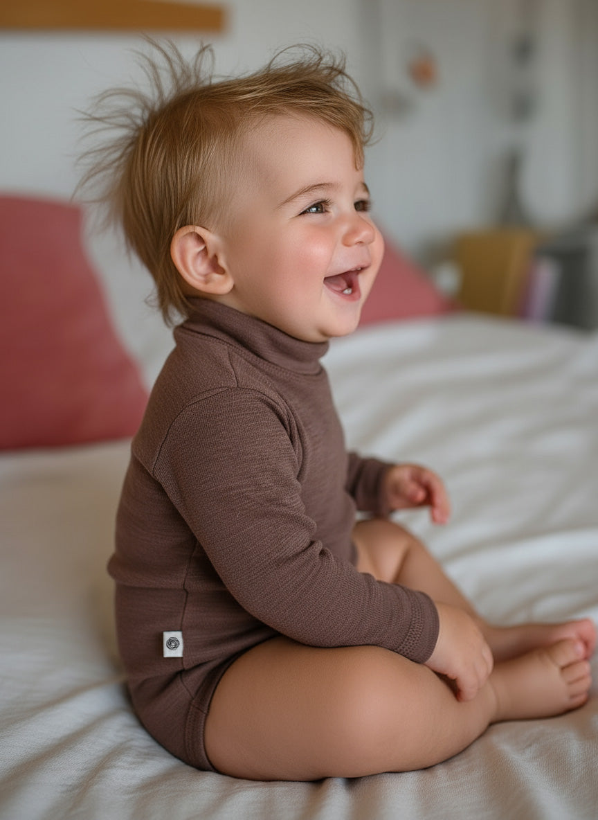 Wool Romper, Long Sleeve, Turtleneck - Merino Wool - Peppercorn