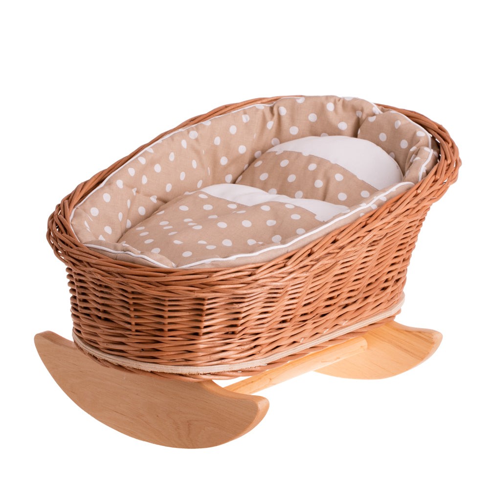 Mimi Wicker Cradle For Dolls With Beige Lining, Pillow And Quilt – handwoven Polish wicker cradle, made in Poland