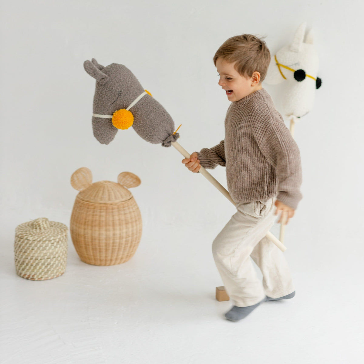 Bouclé Llama & Alpaca Hobby Horse Stick Toy – Grey