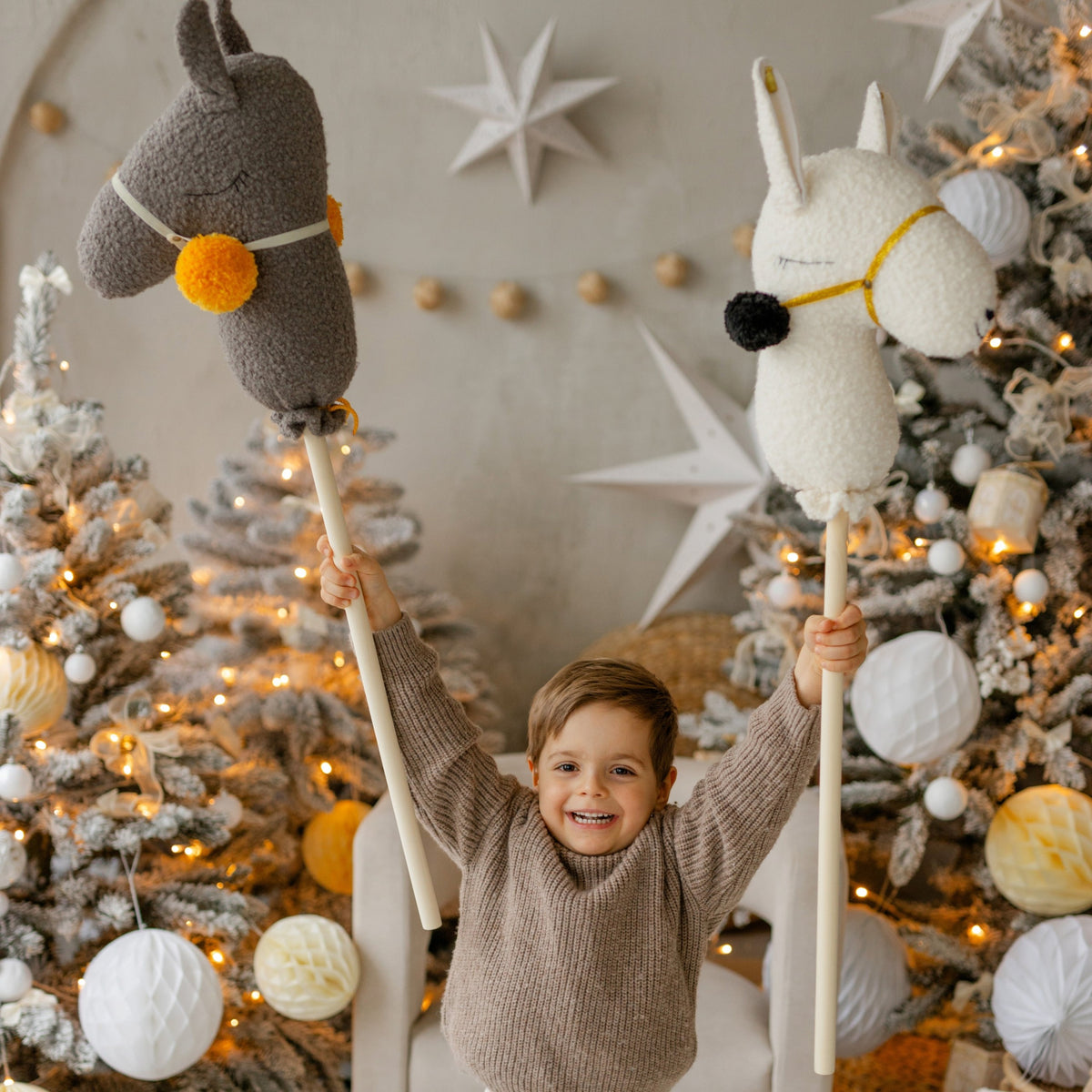Bouclé Llama & Alpaca Hobby Horse Stick Toy – Grey