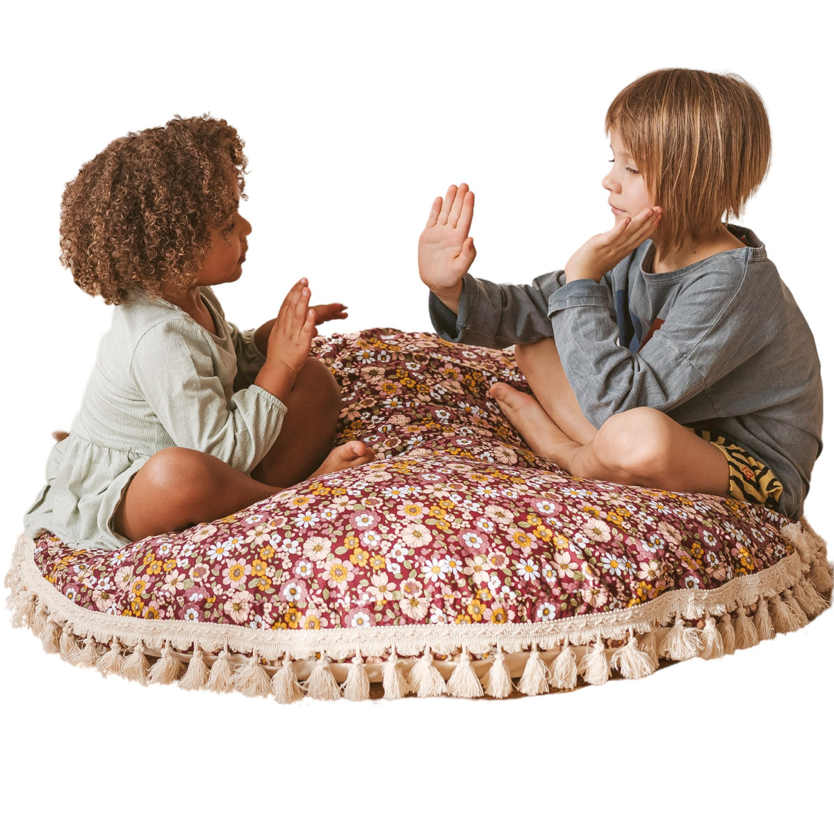 Large Kids Floor Cushion with Tassels – Burgundy Floral, 100 cm